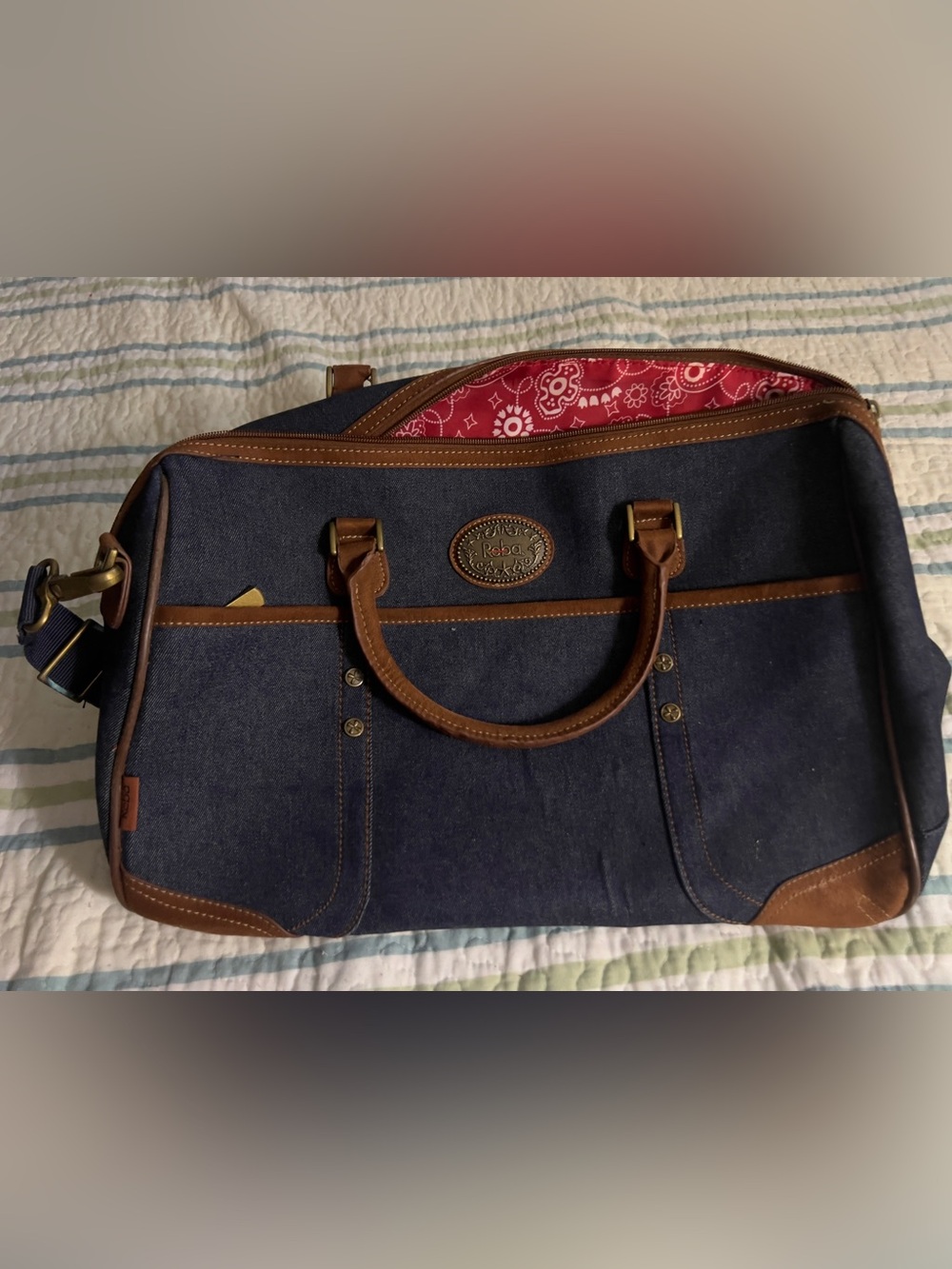 Reba McEntire Classic Navy Canvas Duffel with Brown Trim and Red Paisley Lining